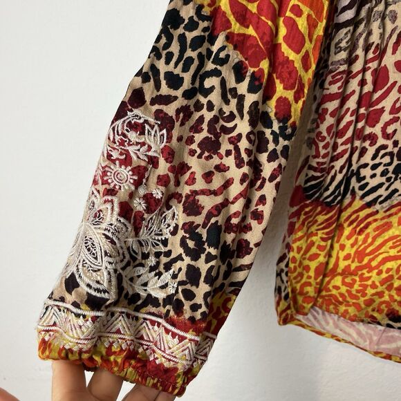 Savanna Jane Womens Top Embroidered Animal Print Tunic Top Blouse Size S 219 - Picture 2 of 8
